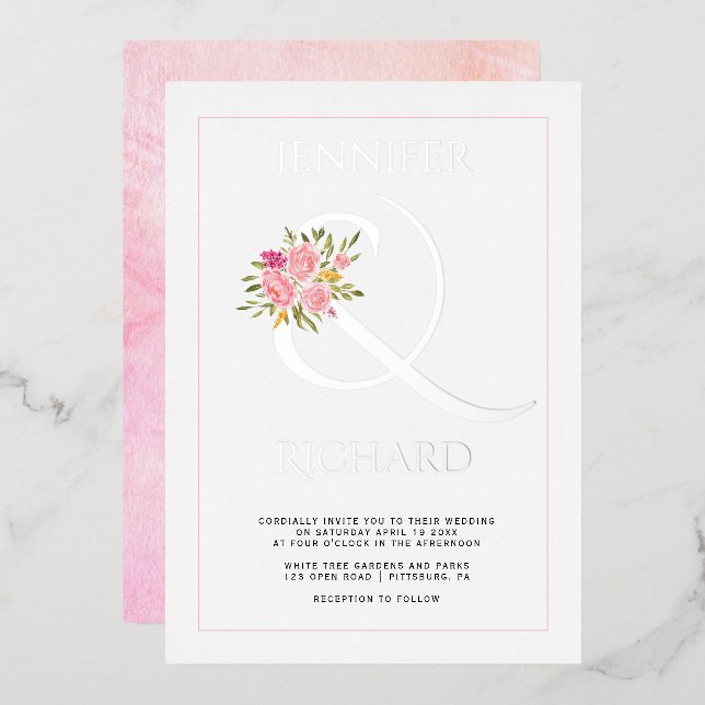 Real silver foil ampersand and pink roses wedding  (Front/Back)