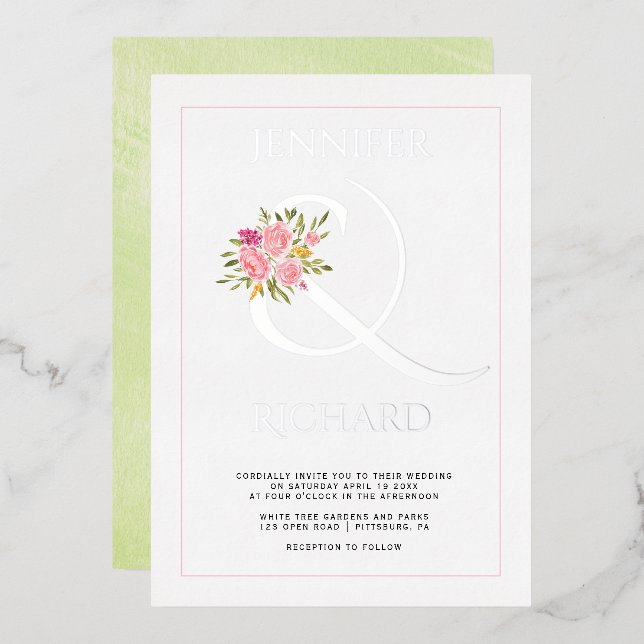 Real silver foil ampersand, roses green wedding (Front/Back)