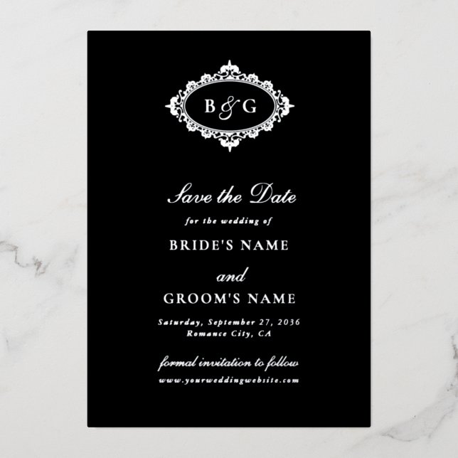 Real Silver Foil Black Wedding Save the Date  (Front)