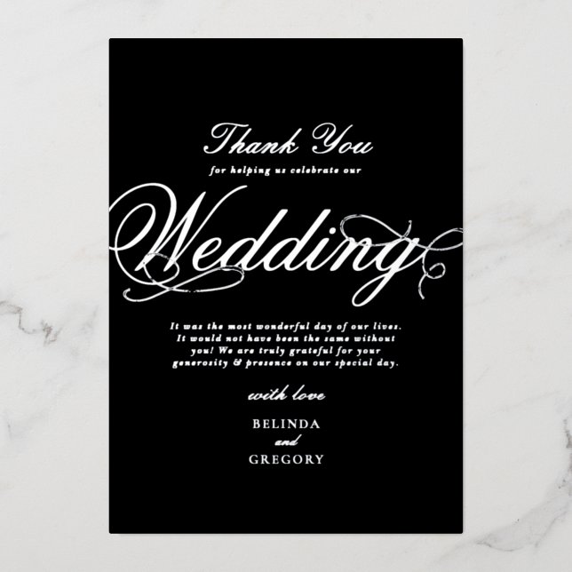Real Silver Foil Black Wedding Thank You (Front)