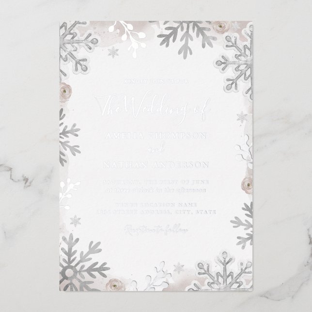 REAL SILVER FOIL Blush Snowflake Wedding  (Front)