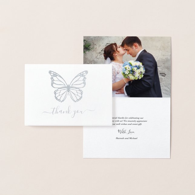 Real Silver Foil Butterfly Photo Wedding Thank You Foil Card (Display)