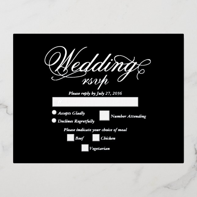Real Silver Foil Elegant Luxury Black Wedding RSVP Foil Invitation Postcard (Front)