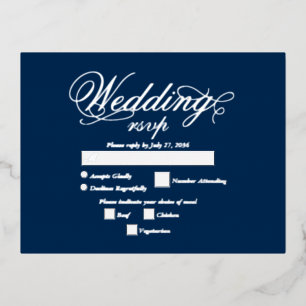 Real Silver Foil Elegant Luxury Blue Wedding RSVP Invitation Postcard