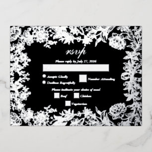 Real Silver Foil Floral Black Wedding RSVP Invitation Postcard