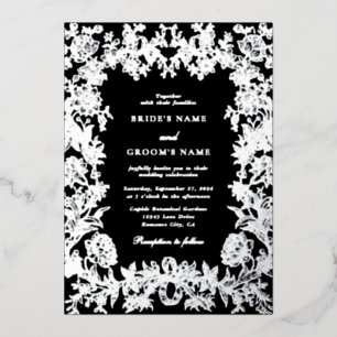 Real Silver Foil Floral Botanical Black Wedding