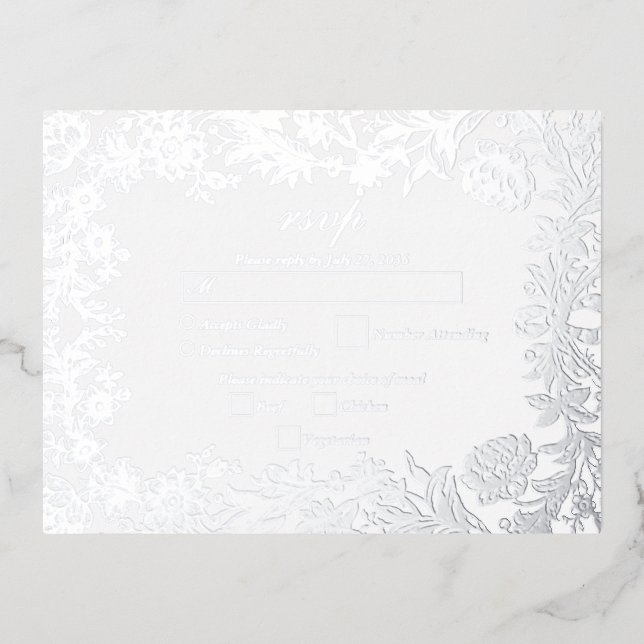 Real Silver Foil Floral Botanical Wedding RSVP Foil Invitation Postcard (Front)