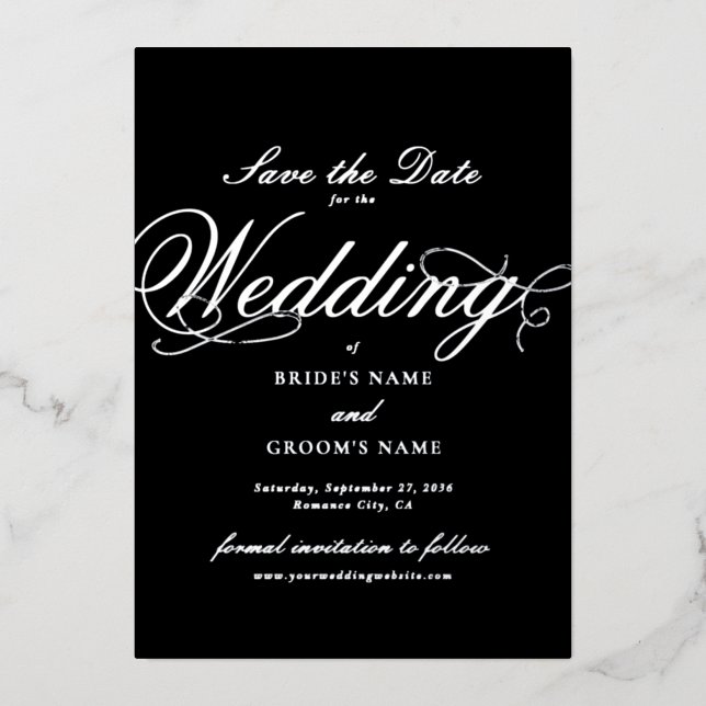Real Silver Foil Wedding Black Save the Date (Front)