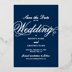 Real Silver Foil Wedding Navy Blue Save the Date