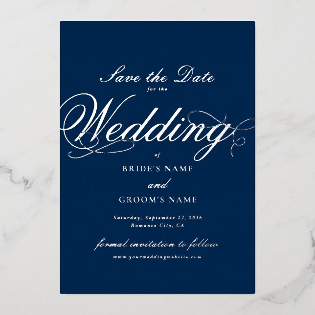 Real Silver Foil Wedding Navy Blue Save the Date (Front)