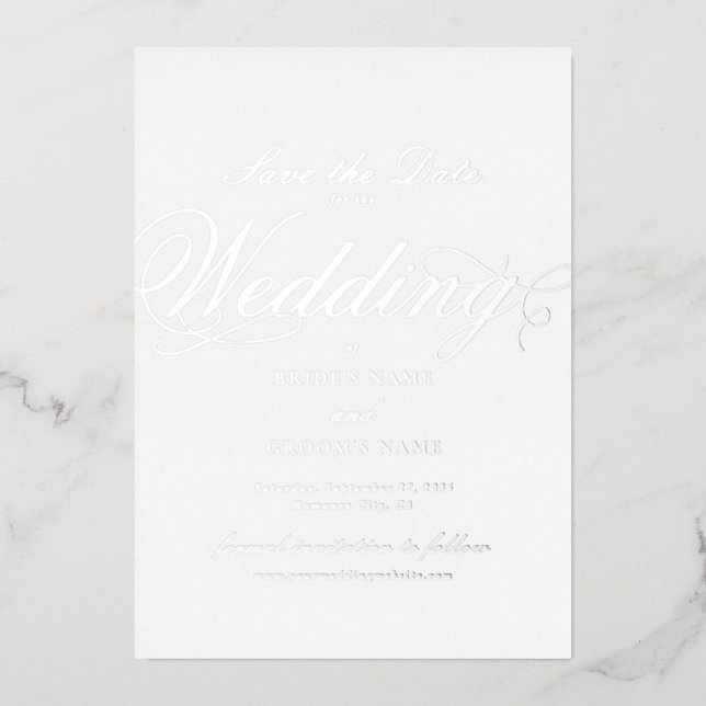 Real Silver Foil Wedding White Save the Date (Front)