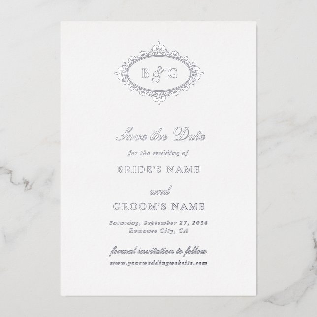 Real Silver Foil White Wedding Save the Date  (Front)