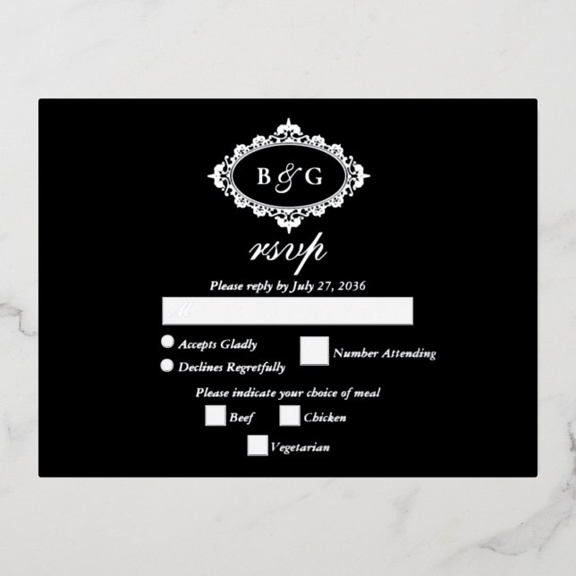Real Silver Foil Wreath White Wedding RSVP Black Foil Invitation Postcard (Front)