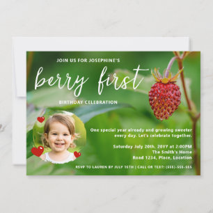 Real Strawberry Photo Custom Berry First Birthday Invitation