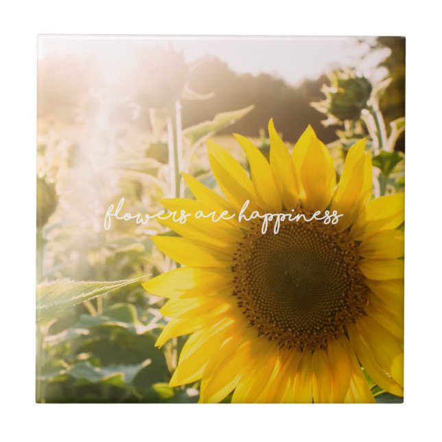 Real Sunflower Photo Field Flowers Are Happiness Ceramic Tile (Front)