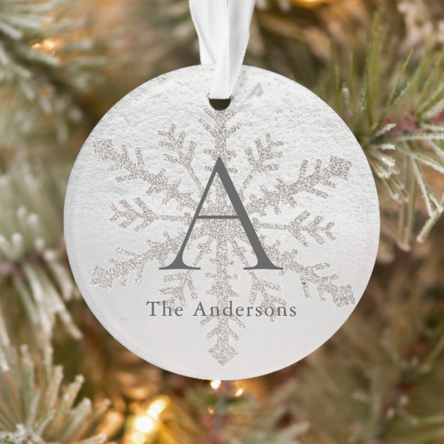 Real White Snow & Silver Snowflake Monogram Photo Ornament (Tree)