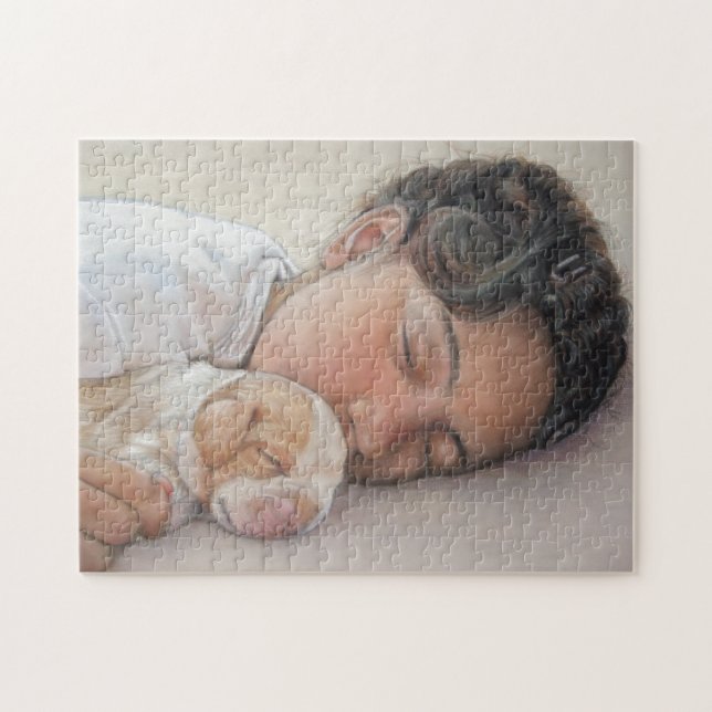 realist painting of child cuddling cute puppy jigsaw puzzle (Horizontal)