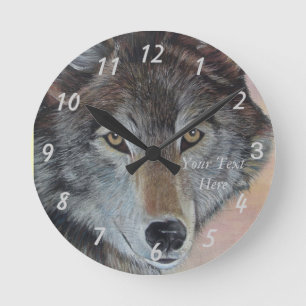 realist wildlife painting of grey wolf round clock