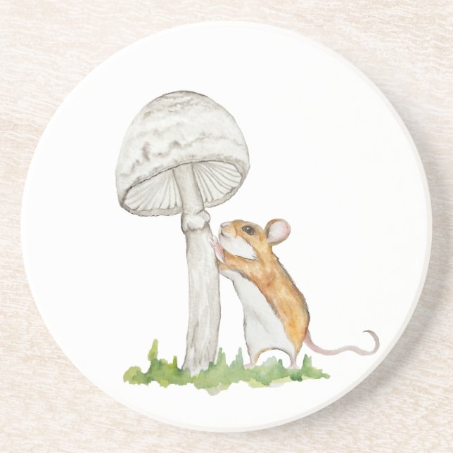 Realistic a funny field mouse and mushroom coaster (Front)