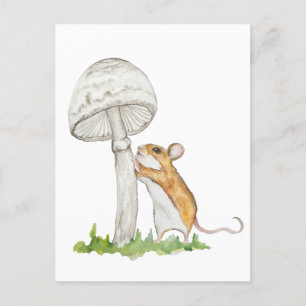 Realistic a funny field mouse and mushroom holiday postcard
