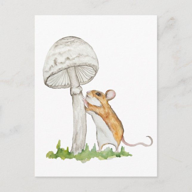 Realistic a funny field mouse and mushroom holiday postcard (Front)