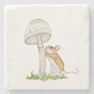 Realistic a funny field mouse and mushroom stone coaster