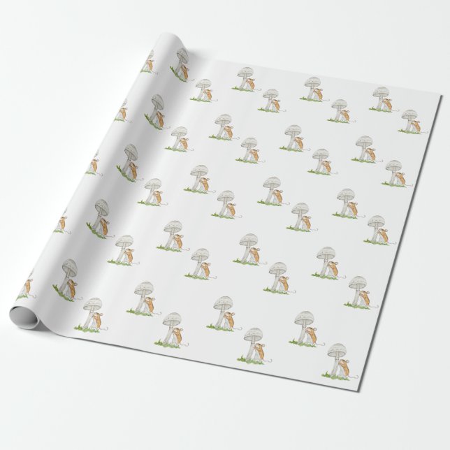 Realistic a funny field mouse and mushroom wrapping paper (Unrolled)