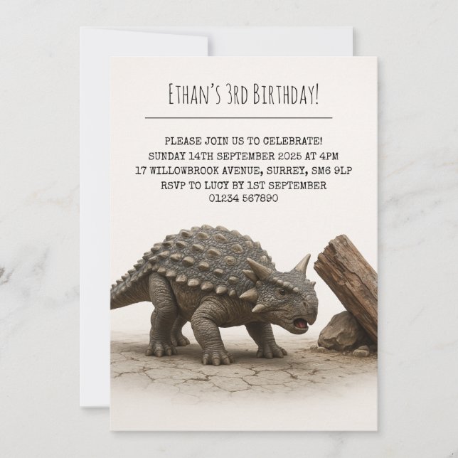 Realistic Armoured Dinosaur Near Tree Birthday Invitation (Front)