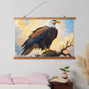 Realistic Bald Eagle Perched on Branch Sunset Hanging Tapestry
