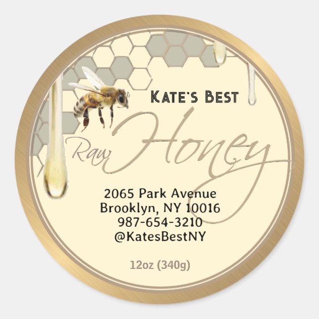 Realistic Bee Honeycomb Honey drip label ivory (Front)