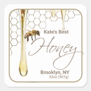 Realistic Bee Honeycomb Honey Drip Label Square 