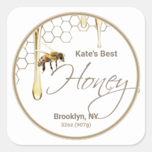 Realistic Bee Honeycomb Honey drip label white