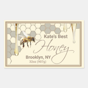 Realistic Bee Honeycomb Honey Drip Rectangle label