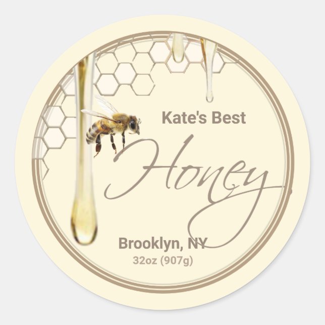 Realistic Bee Honeycomb Honey drip round  label (Front)