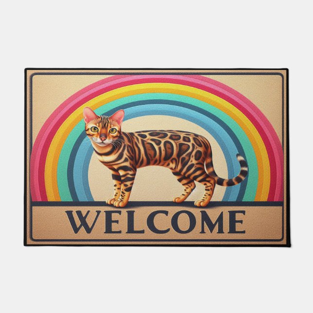 Realistic Bengal Cat with Colourful Border Welcome Doormat (Front)