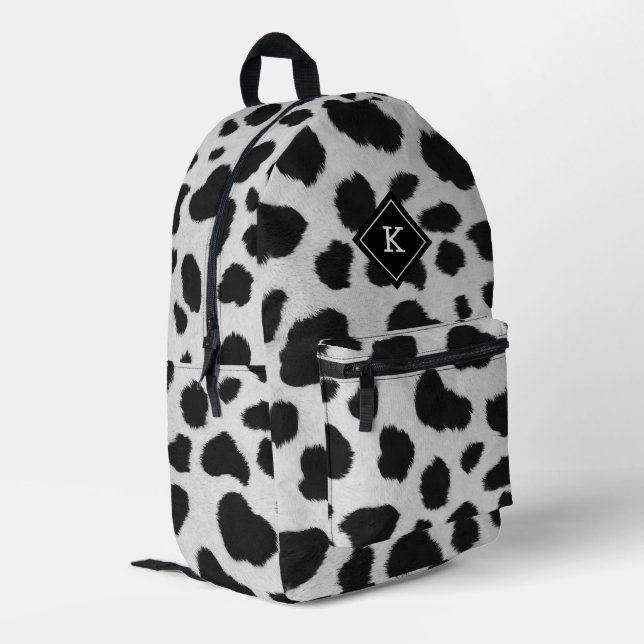 Realistic black and white cow fur print printed backpack (Back Corner Left)