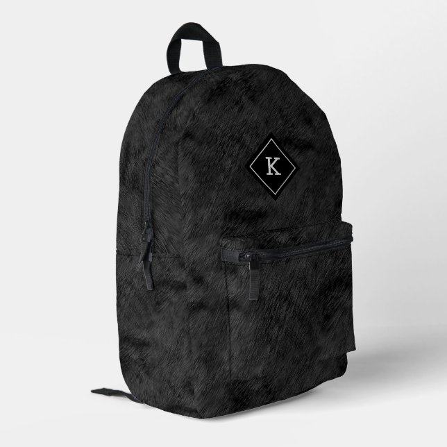 Realistic black fur texture print printed backpack (Back Corner Left)