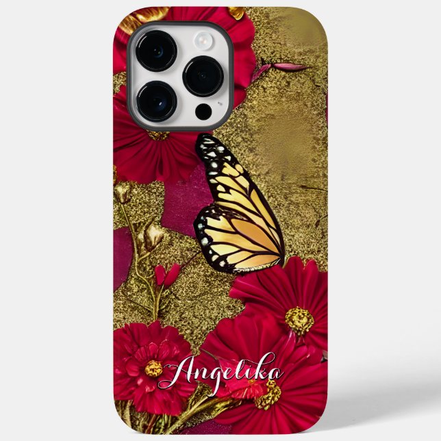 Realistic Butterflies Red Flowers Custom Name Case-Mate iPhone Case (Back)