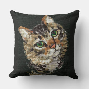 Realistic Cat Face Cross Stitch Throw Pillow