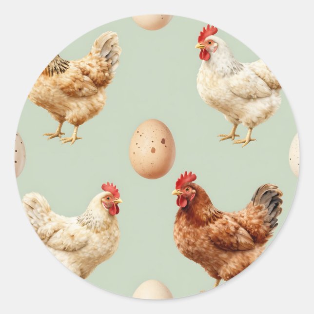 Realistic Chickens Farm Fresh Eggs Pattern Classic Round Sticker (Front)