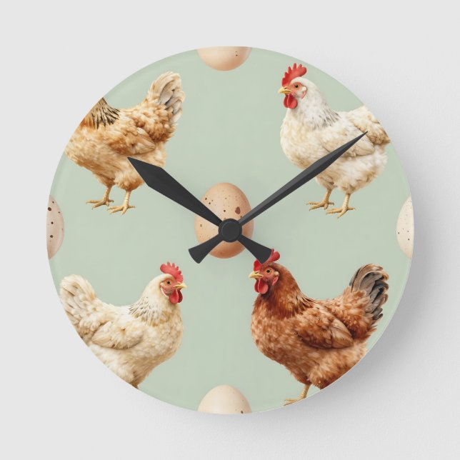Realistic Chickens Farm Fresh Eggs Pattern Round Clock (Front)