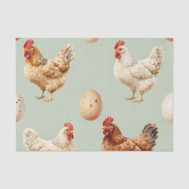Realistic Chickens Farm Fresh Eggs Pattern Tissue Paper (Front)