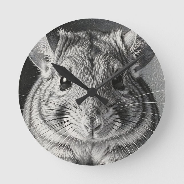 Realistic Chinchilla Portrait Sketch Round Clock (Front)