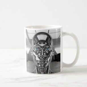 Realistic chrome futuristic robot coffee mug