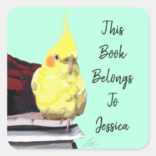 Realistic Cockatiel Bird Perched on Books Art Cute Square Sticker