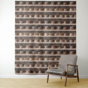 Realistic Coffee Tea Cups On Shelves Cute Pattern  Tapestry