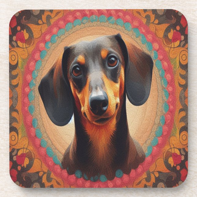Realistic Colourful Border Cute Dachshund Dog love Coaster (Front)