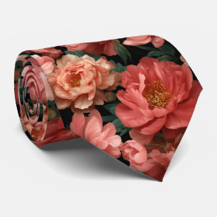 Realistic Coral Peony Floral Pattern Tie