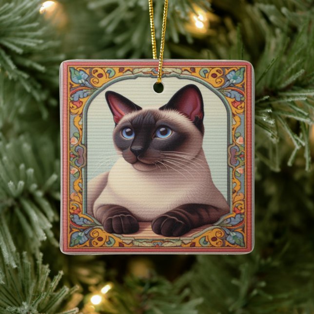 Realistic Cute Siamese Cat Colourful Floral Border Ceramic Ornament (Tree)