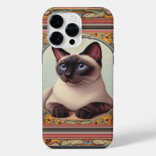 Realistic Cute Siamese Cat Colourful Floral Border iPhone 14 Pro Max Case